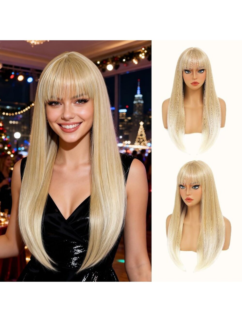 Women's Ash Blonde 24 Inch Heat Resistant Synthetic Long Straight Bangs Wig